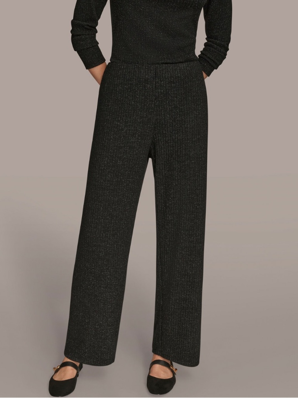 NEW!! Donna Karan Black Wide-Leg Metallic Rib Knit Pants